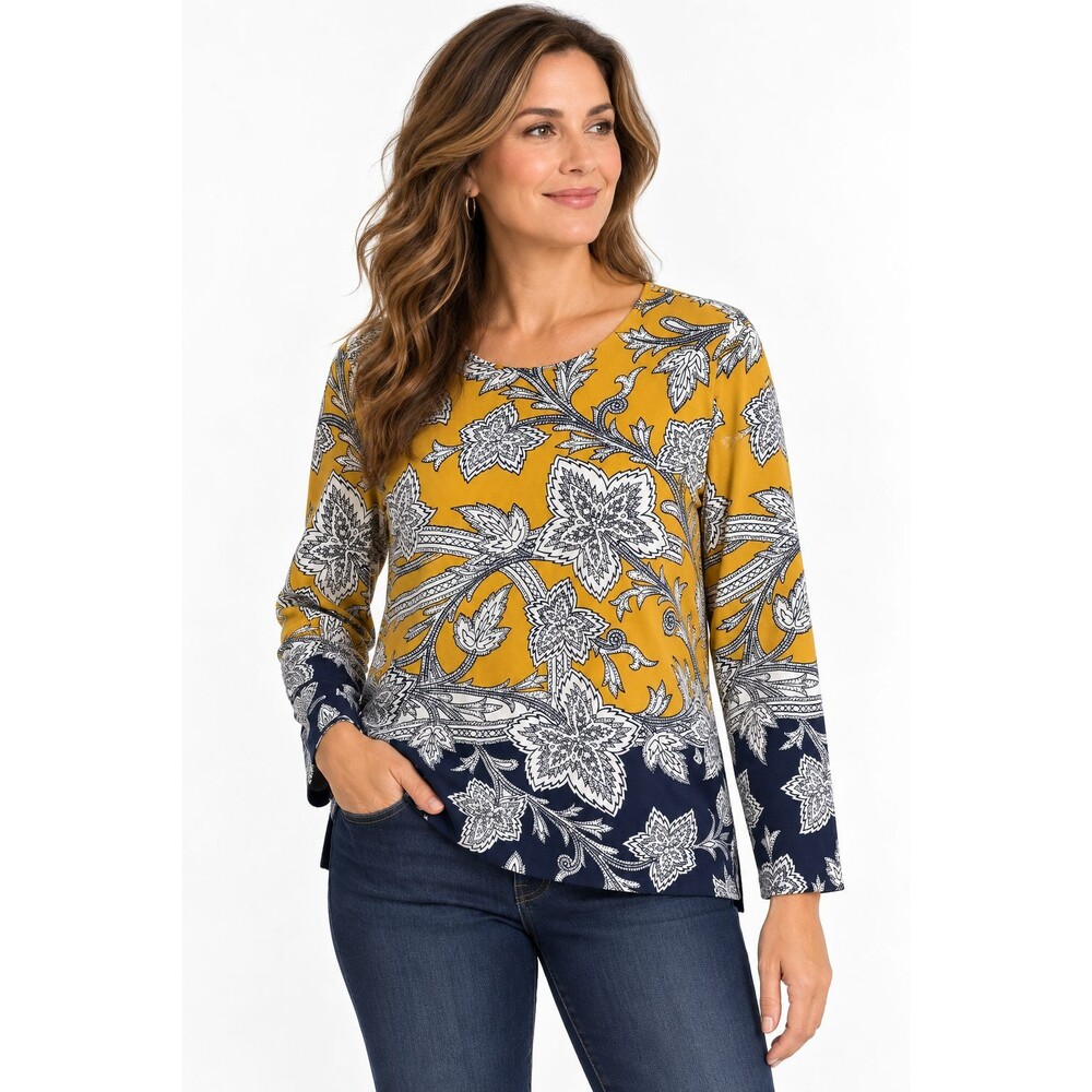 Talbots Tee Womens Large Mustard Yellow Navy Floral Long Sleeve Cotton Stretch